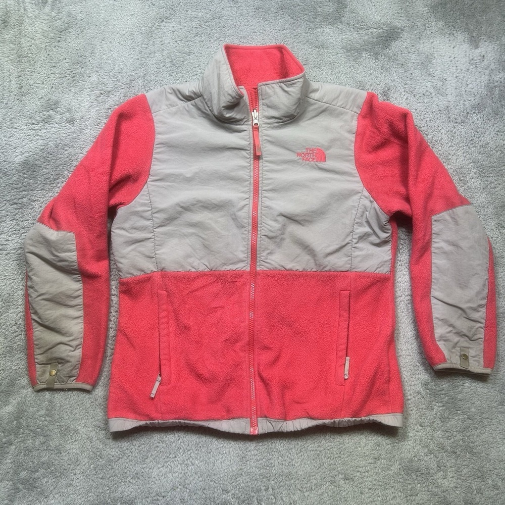 The North Face Denali Jacket Girls XL Pink Gray Full Zip Polartec Fleece *SPOTS